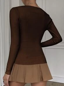 Muchica Áo len nữ cổ tròn tay dài ôm vừa vặn màu trơn, thời trang thu đông - Cà phê nâu - Xem 2