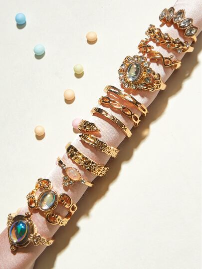 12pcs Glamorous Metallic Rhinestone Women's Ring Set