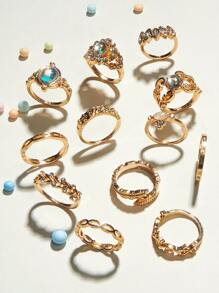 Set de 12 anillos de mujer con brillantes de cristal y acabado metálico - Amarillo Oro - Ver 2