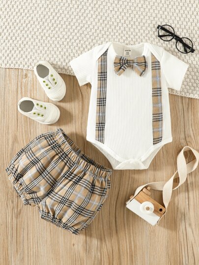 SHEIN Vintaside Kids 男婴格子蝴蝶结前身连体衣和短裤，适合圣诞节
