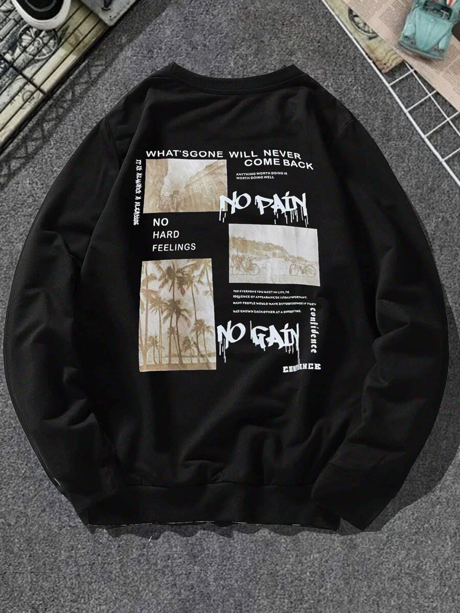 Manfinity Men Plus Slogan Graphic Crew Neck Sweatshirt - Black - View 1