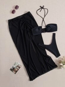 SHEIN Swim Summer Beach 3packs High Cut Bikini Set & Beach Skirt - Black - View 4