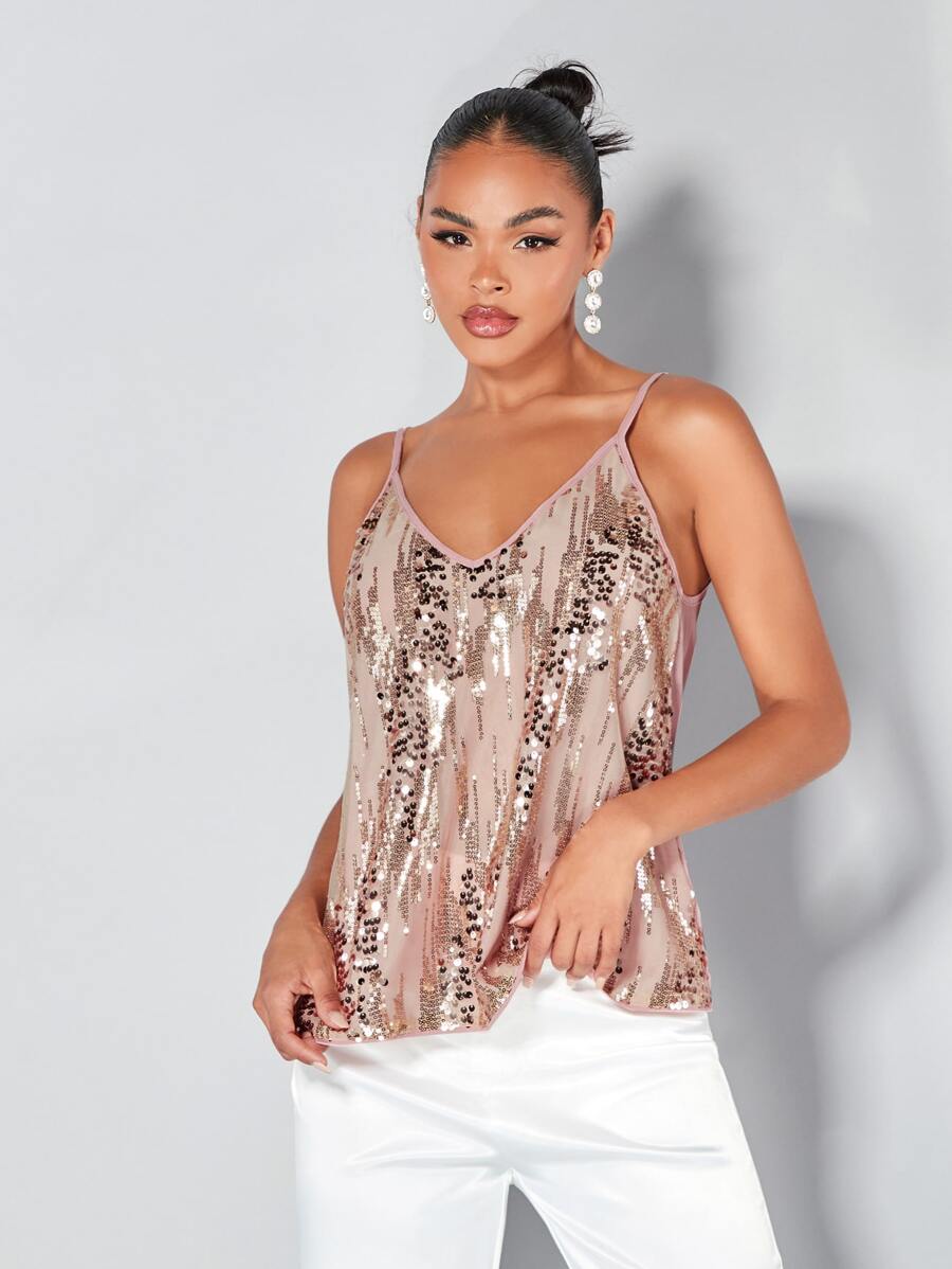 SHEIN BAE Sweetheart Sequins Cami Top - Dusty Pink - View 1