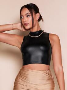 SHEIN BAE Mock Neck PU Leather Crop Tank Top - Black - View 1