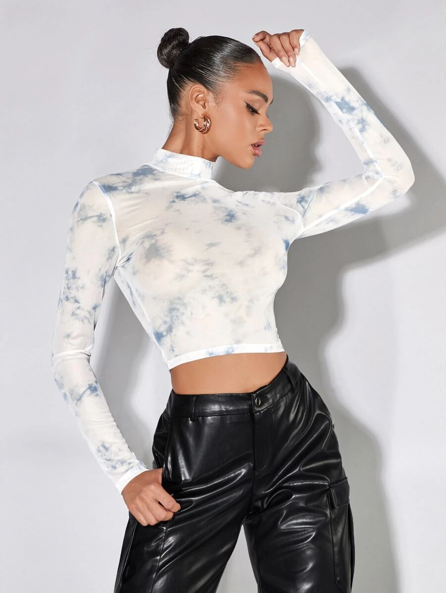 SHEIN BAE Áo nữ cắt Cà vạt nhuộm Giải trí - Xanh và trắng - Xem 1