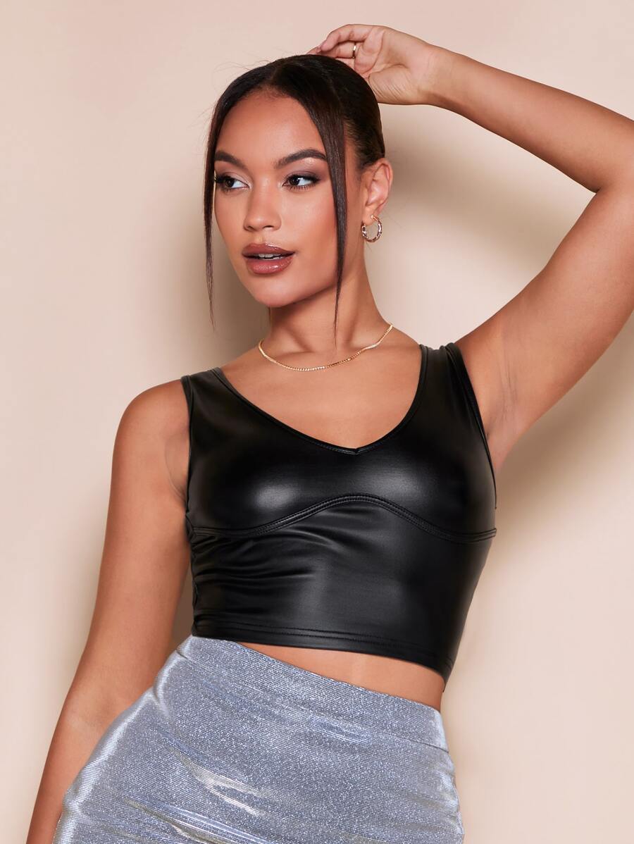 SHEIN BAE Áo hai dây Gân đan màu trơn Hấp dẫn - màu đen - Xem 1