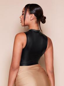 SHEIN BAE Mock Neck PU Leather Crop Tank Top - Black - View 2