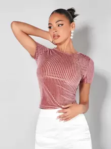 SHEIN BAE Camiseta de terciopelo tejida de canalé unicolor - Rosa - Ver 1