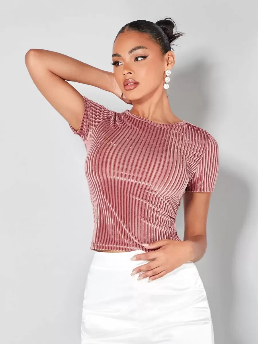 SHEIN BAE Camiseta de terciopelo tejida de canalé unicolor - Rosa - Ver 1