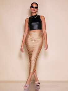 SHEIN BAE Mock Neck PU Leather Crop Tank Top - Black - View 3