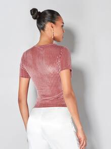 SHEIN BAE Camiseta de terciopelo tejida de canalé unicolor - Rosa - Ver 2