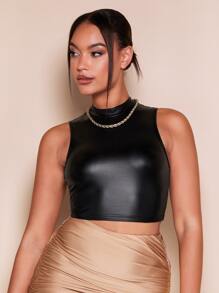 SHEIN BAE Mock Neck PU Leather Crop Tank Top - Black - View 4