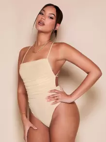 SHEIN BAE Lace Up Backless Bodysuit - Khaki - View 3