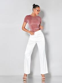 SHEIN BAE Camiseta de terciopelo tejida de canalé unicolor - Rosa - Ver 3