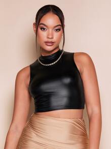 SHEIN BAE Mock Neck PU Leather Crop Tank Top - Black - View 5