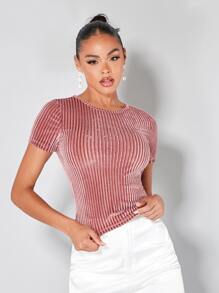 SHEIN BAE Camiseta de terciopelo tejida de canalé unicolor - Rosa - Ver 4