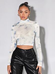 SHEIN BAE Áo nữ cắt Cà vạt nhuộm Giải trí - Xanh và trắng - Xem 5