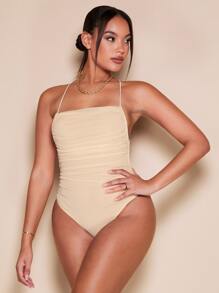 SHEIN BAE Lace Up Backless Bodysuit - Khaki - View 5