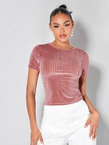 SHEIN BAE Camiseta de terciopelo tejida de canalé unicolor - Rosa - Ver 5