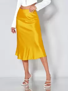 SHEIN BAE Neon Yellow Satin Skirt - Yellow - View 1