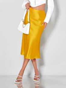 SHEIN BAE Neon Yellow Satin Skirt - Yellow - View 4