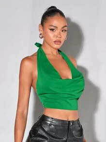 SHEIN BAE 前垂褶後背繫帶掛脖上衣 - 綠色 - 查看 3