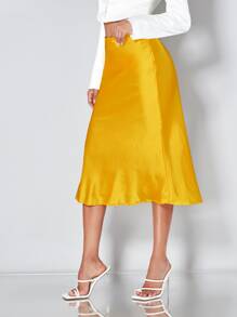SHEIN BAE Neon Yellow Satin Skirt - Yellow - View 6
