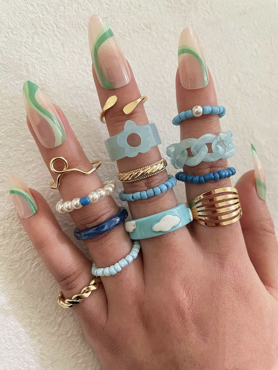 Nhẫn ngọc trai giả và hoa 14 gói - Nhiều màu - Xem 1