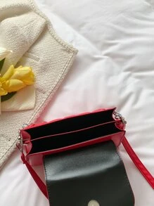 螢光紅字母細節鏈條和絲巾裝飾翻蓋方包 - 紅色 - 查看 4