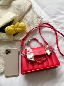 螢光紅字母細節鏈條和絲巾裝飾翻蓋方包 - 紅色 - 查看 7