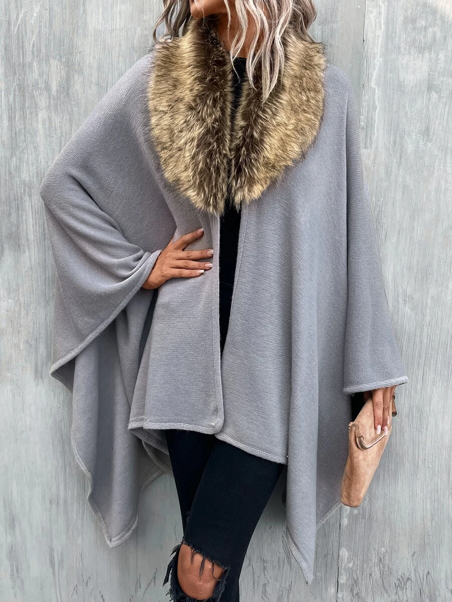 Borg Collar Knit Wrap Cape - Light Grey - View 1