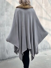 Borg Collar Knit Wrap Cape - Light Grey - View 2