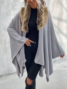 Borg Collar Knit Wrap Cape - Light Grey - View 3