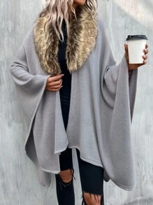 Borg Collar Knit Wrap Cape - Light Grey - View 4