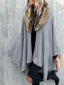 Borg Collar Knit Wrap Cape - Light Grey - View 5