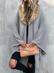 Borg Collar Knit Wrap Cape - Light Grey - View 6