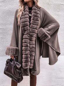 SHEIN Clasi Fuzzy Trim Batwing Sleeve Duster Cardigan - Mocha Brown - View 3
