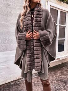 SHEIN Clasi Fuzzy Trim Batwing Sleeve Duster Cardigan - Mocha Brown - View 6