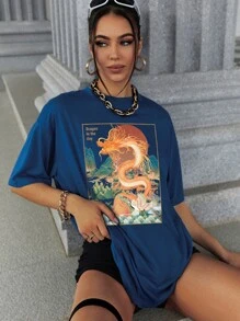 SHEIN EZwear Dragon And Slogan Graphic Drop Shoulder Tee - Blue - View 1