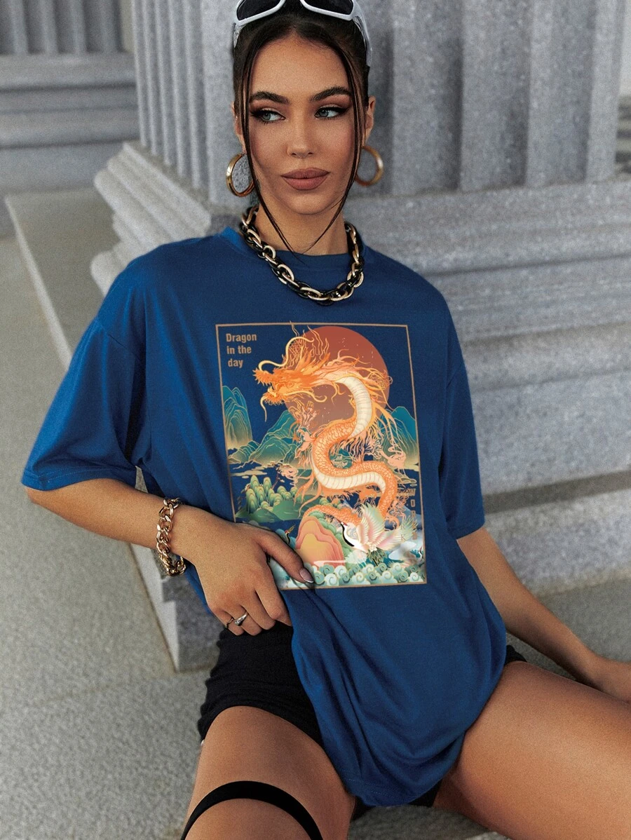 SHEIN EZwear Dragon And Slogan Graphic Drop Shoulder Tee - Blue - View 1