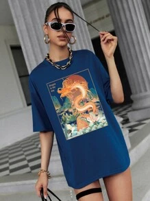SHEIN EZwear Dragon And Slogan Graphic Drop Shoulder Tee - Blue - View 3