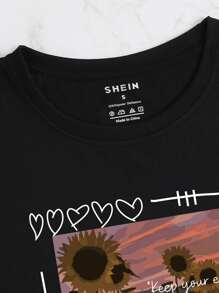SHEIN LUNE Sunflower And Slogan Graphic Tee - Black - View 3