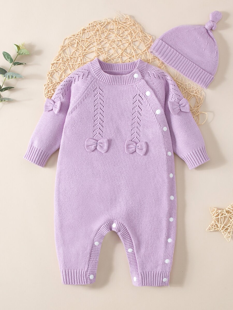 SHEIN Vintaside Kids Baby Girl Bow Front Eyelet Detail Raglan Sleeve Knit Jumpsuit