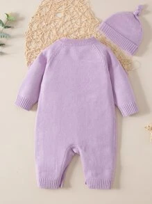 SHEIN Vintaside Kids Baby Girl Bow Front Eyelet Detail Raglan Sleeve Knit Jumpsuit