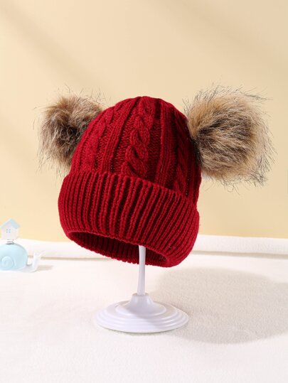 1pc Baby Plush Ball Decor Knit Hat