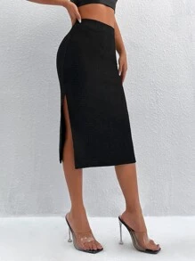 SHEIN PETITE High Waist Split Thigh Skirt - Black - View 1