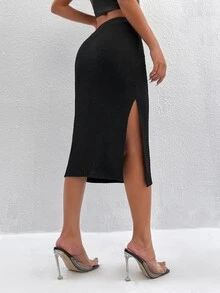 SHEIN PETITE High Waist Split Thigh Skirt - Black - View 2