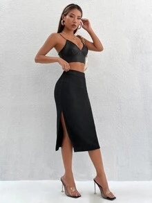 SHEIN PETITE High Waist Split Thigh Skirt - Black - View 3