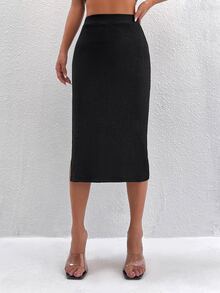SHEIN PETITE High Waist Split Thigh Skirt - Black - View 4