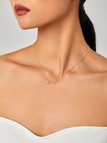 1入組時尚字母墜飾項鍊適合女士日常裝飾銅首飾類 - 金黃色 - 查看 3